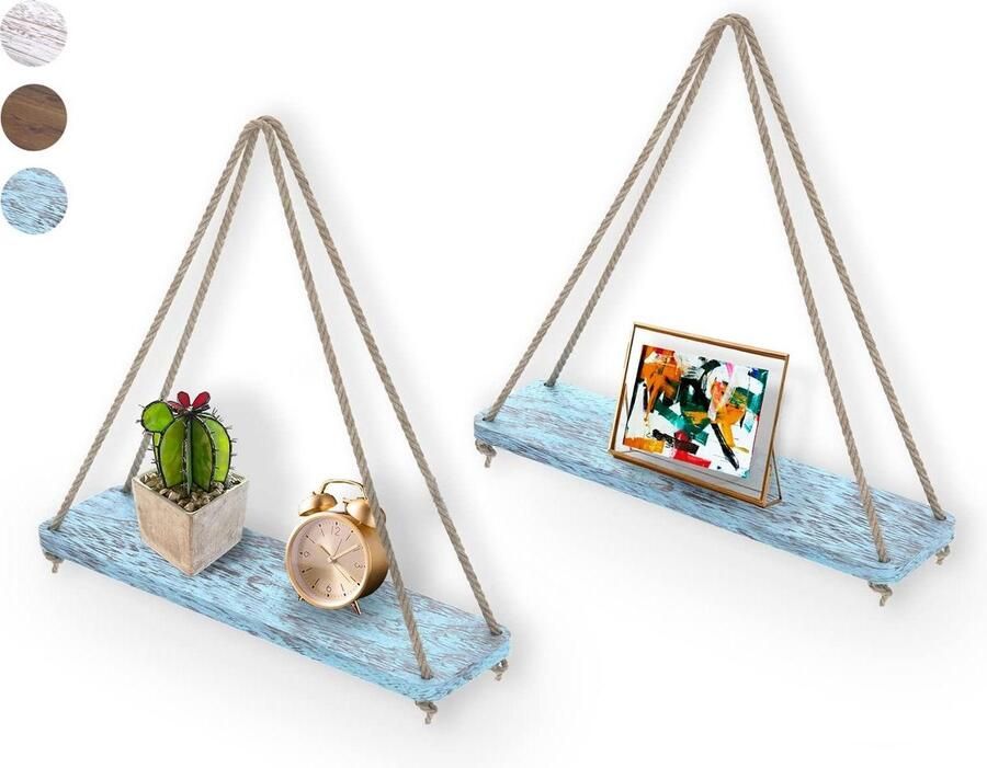 Rustieke Set van 2 Houten Drijvende Planken met Koord Boerderij Hangende Wandplanken Woonkamer Decor Kleine Keukenplanken 17 inchx5.2 inch Distressed Blauwe Kleur - Foto 2