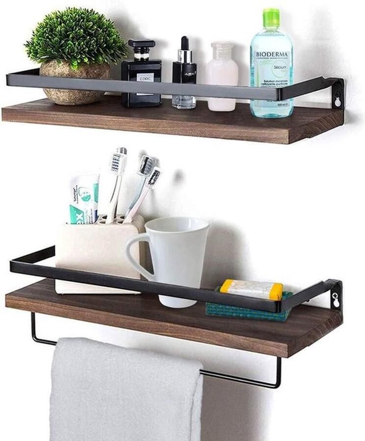 Set van 2 Rustieke Zwevende Houten Wandplanken met Handdoekenhouder Donkerbruin