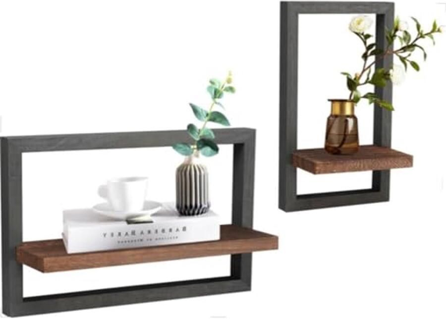 Set van 2 rustieke zwevende houten wandplanken voor decoratie en opslag