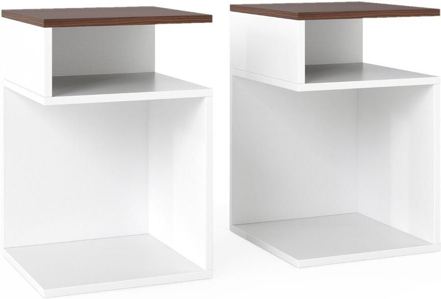 Set van 2 S-vormige bijzettafels – 4 open vakken walnoot