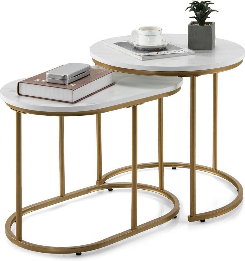 Set van 2 salontafel met marmeren look bijzettafel hout met goudkleurige metalen poten koffietafels set modern rond compact voor woonkamer en slaapkamer wit