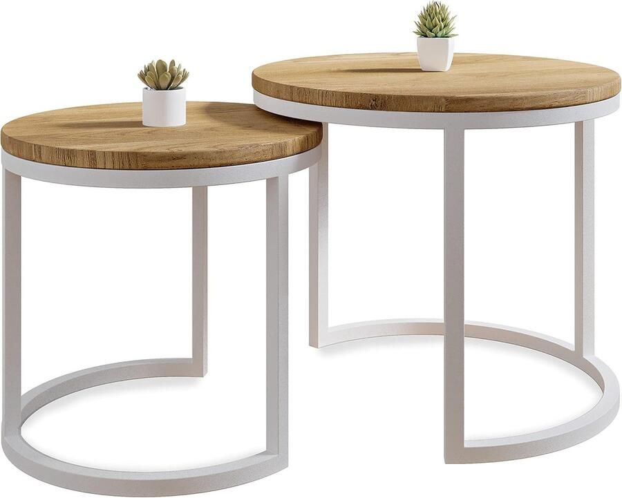 Modena Set van 2 Salontafels Modern Industrieel Design 2 Stuks Natuurlijk Eikenhout Rond