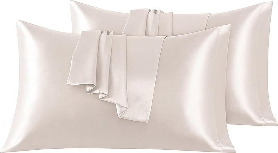 Set van 2 Satijn kussenslopen 40 x 80 cm Zacht en Zijdig Bed Kussen Beige Envelop Sluiting Anti-mijt en Hypoallergeen Haar en Huid Bescherming tegen rimpels