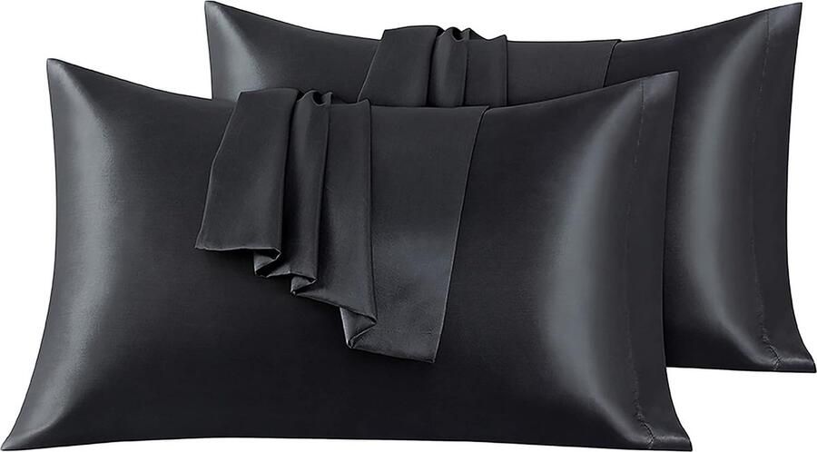 Set van 2 Satijn kussenslopen 40 x 80 cm Zacht en Zijdig Bed Kussen Zwart Envelop Sluiting Anti-mijt en Hypoallergeen Haar en Huid Bescherming tegen rimpels