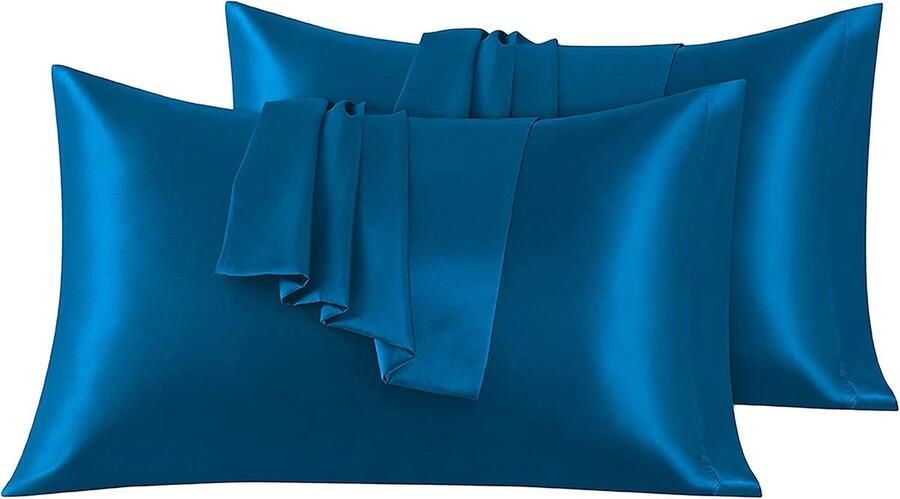 Set van 2 Satijn kussenslopen 50 x 80 cm Zacht en Zijdig Bed Kussen Marineblauw Envelop Sluiting Anti-mijt en Hypoallergeen Haar en Huid Bescherming tegen rimpels