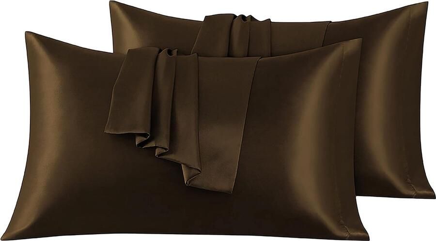 Set van 2 Satijn kussenslopen 50 x 75 cm Zacht en Zijdig Bed Kussen Bruin Envelop Sluiting Anti-mijt en Hypoallergeen Haar en Huid Bescherming tegen rimpels