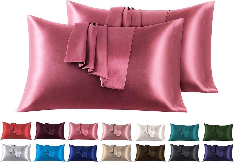 Set van 2 Satijn kussenslopen 50 x 75 cm Zacht en Zijdig Bed Kussen Donkerroze Envelop Sluiting Anti-mijt en Hypoallergeen Haar en Huid Bescherming tegen rimpels