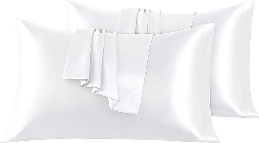 Set van 2 Satijn kussenslopen 50 x 80 cm Zacht en Zijdig Bed Kussen Wit Envelop Sluiting Anti-mijt en Hypoallergeen Haar en Huid Bescherming tegen rimpels - Foto 2