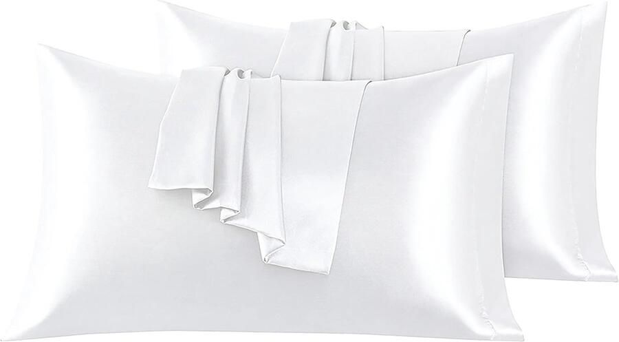 Set van 2 Satijn kussenslopen 50 x 80 cm Zacht en Zijdig Bed Kussen Wit Envelop Sluiting Anti-mijt en Hypoallergeen Haar en Huid Bescherming tegen rimpels