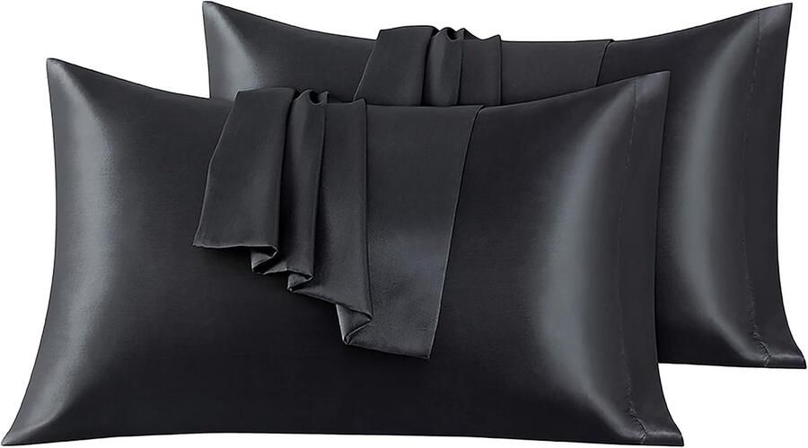 Set van 2 Satijn kussenslopen 50 x 80 cm Zacht en Zijdig Bed Kussen Zwart Envelop Sluiting Anti-mijt en Hypoallergeen Haar en Huid Bescherming tegen rimpels