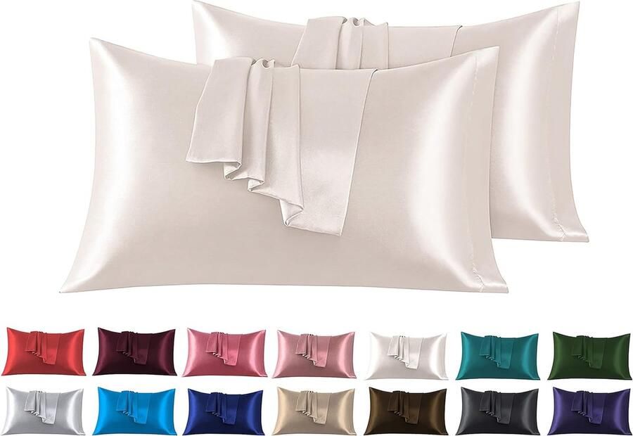 Set van 2 Satijn kussenslopen 50 x 90 cm Zacht en Zijdig Bed Kussen Beige Envelop Sluiting Anti-mijt en Hypoallergeen Haar en Huid Bescherming tegen rimpels