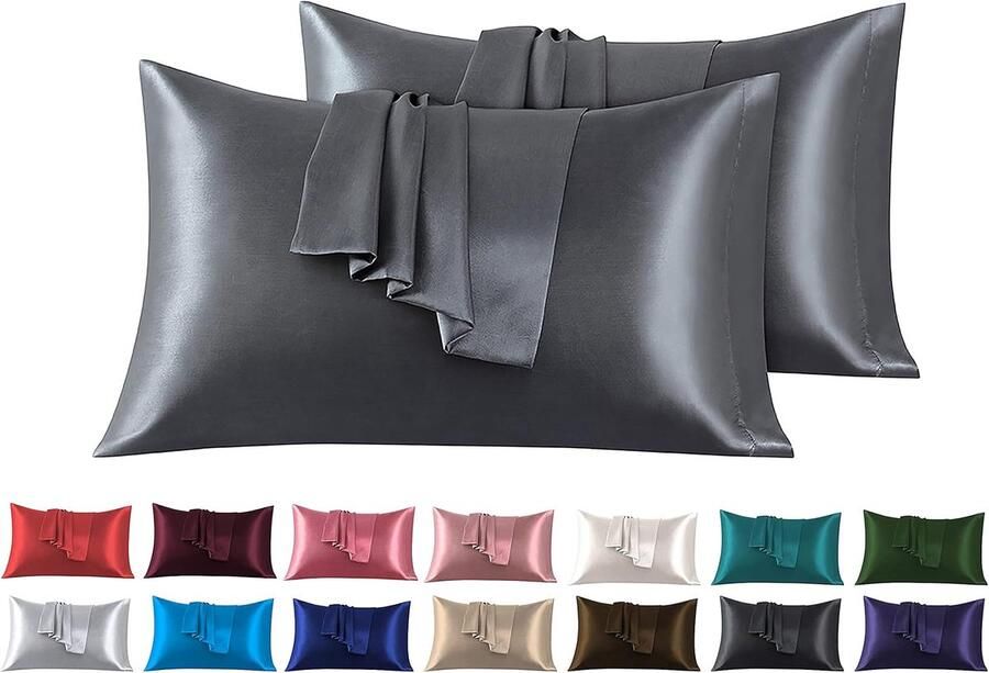 Set van 2 Satijn kussenslopen 50 x 90 cm Zacht en Zijdig Bed Kussen Donkergrijs Envelop Sluiting Anti-mijt en Hypoallergeen Haar en Huid Bescherming tegen rimpels