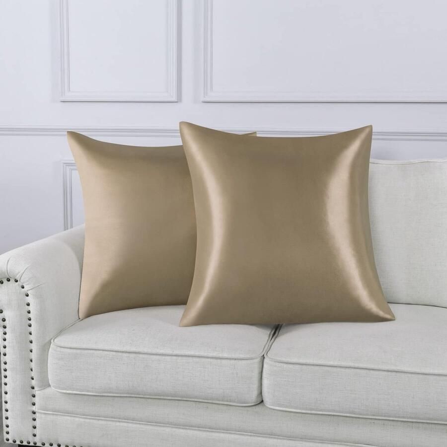 Set van 2 Satijn kussenslopen 65 x 65 cm Zacht en Zijdig Bed Kussen Lichtbruin Envelop Sluiting Anti-mijt en Hypoallergeen Haar en Huid Bescherming tegen rimpels
