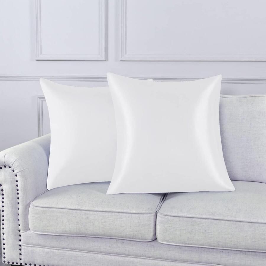 Set van 2 Satijn kussenslopen 65 x 65 cm Zacht en Zijdig Bed Kussen Wit Envelop Sluiting Anti-mijt en Hypoallergeen Haar en Huid Bescherming tegen rimpels