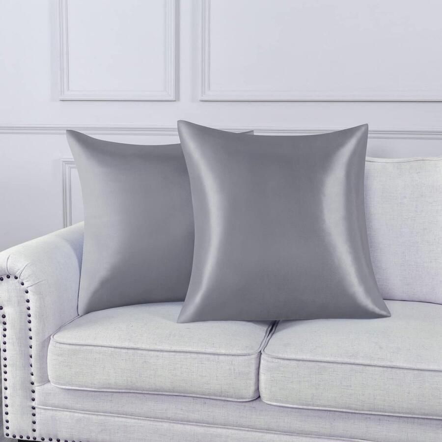 Set van 2 Satijn kussenslopen 65 x 65 cm Zacht en Zijdig Bed Kussen Zilvergrijs Envelop Sluiting Anti-mijt en Hypoallergeen Haar en Huid Bescherming tegen rimpels