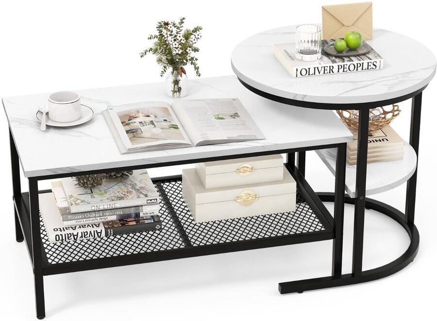 Set van 2 Scandinavische bijzettafels – Marmerprint blad zwart goud metalen frame verstelbare voetsteunen