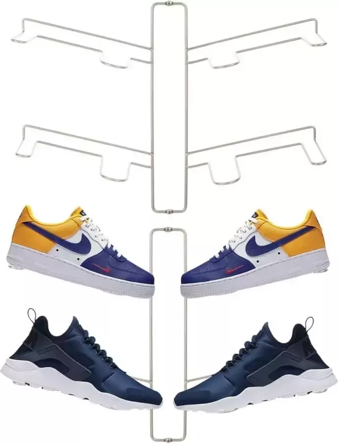 Set van 2 schoenenrekken modern wandschoenenrek voor twee paar sneakers sportschoenen enz. Ruimtebesparend alternatief voor schoenenkast mat zilverkleurig