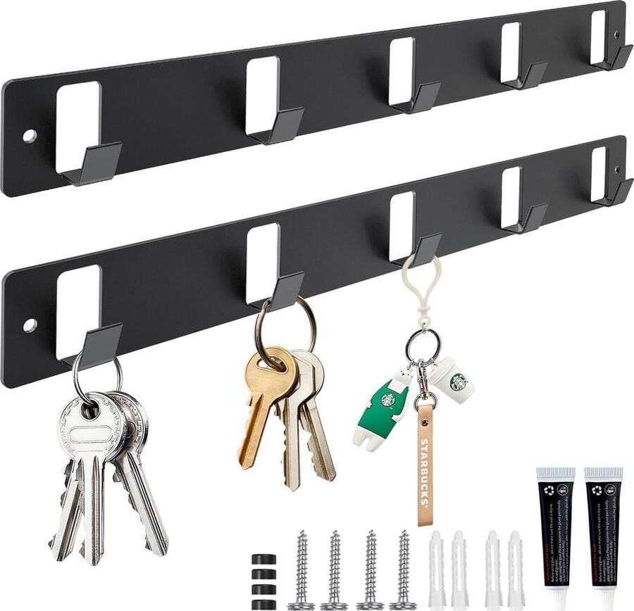 Set van 2 sleutelhouders met 5 haken sleutelhaken sleutelhouder voor muur sleutelhouder zwart wandmontage voor slaapkamer entree woonkamer keuken (matzwart)