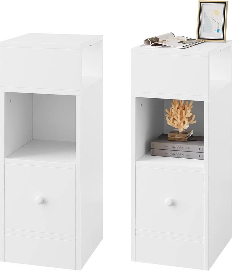 Set van 2 smalle nachtkastjes met 2 open planken en lade ruimtebesparend design voor slaapkamer en woonkamer