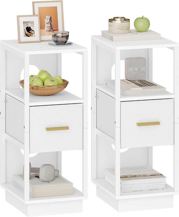 Set van 2 smalle nachtkastjes – Modern design met 1 stoffen lade en open vak – Wit 30 x 24 x 60 cm (NS61303W)