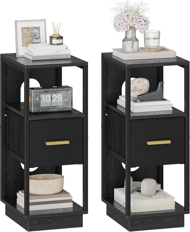 Set van 2 smalle nachtkastjes – Modern design met 1 stoffen lade en open vak – Zwart 30x24x60 cm (NS61304B)