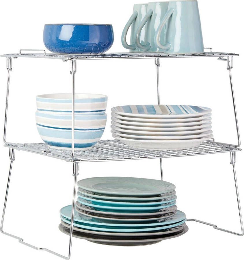 Set van 2 stapelbare inzetstukken opvouwbaar keukenkastrek met uitklapbare poten modern kastinzetstuk voor servies conservenblikjes en specerijen zilverkleurig