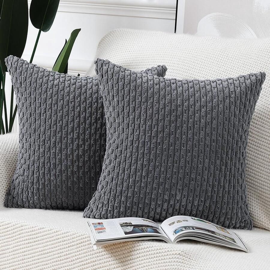 Madizz Set van 2 Boho gestreepte kussenhoezen Zachte corduroy decoratieve kussensloop voor slaapkamerbank Kussenhoes Grijs 50 x 50 cm