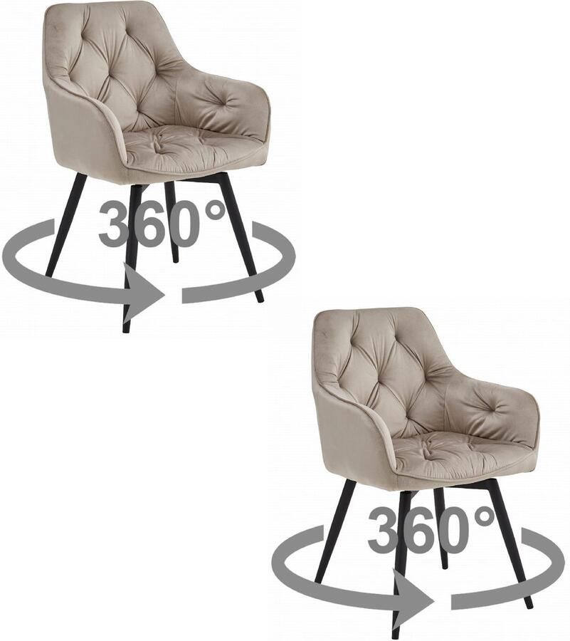 Set van 2 Stoel JORK 360 Donkerbeige Velvet Zwarte Metaalpoten Luxe Eetkamerstoel Fauteuil Met Armleuning 360° Draaibaar Modern Design Elegant en Comfortabel voor Woonkamer Keuken of Eetkamer Max. 110 kg