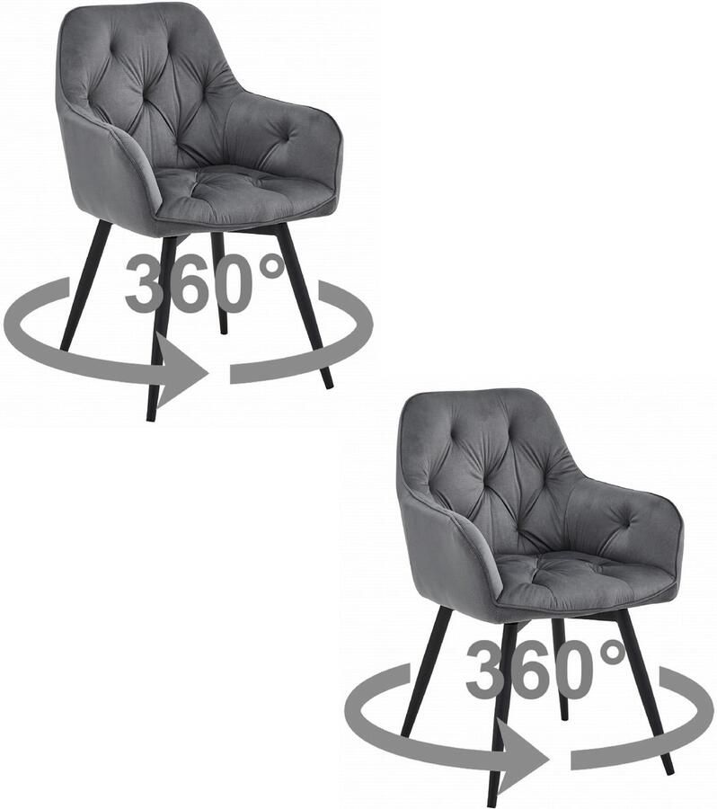 Set van 2 Stoel JORK 360 Donkergrijs Velvet Zwarte Metaalpoten Luxe Eetkamerstoel Fauteuil Met Armleuning 360° Draaibaar Modern Design Elegant en Comfortabel voor Woonkamer Keuken of Eetkamer Max. 110 kg