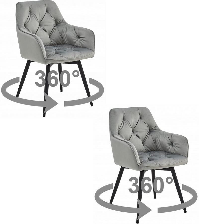 Set van 2 Stoel JORK 360 Zilvergrijs Velvet Zwarte Metaalpoten Luxe Eetkamerstoel Fauteuil Met Armleuning 360° Draaibaar Modern Design Elegant en Comfortabel voor Woonkamer Keuken of Eetkamer Max. 110 kg