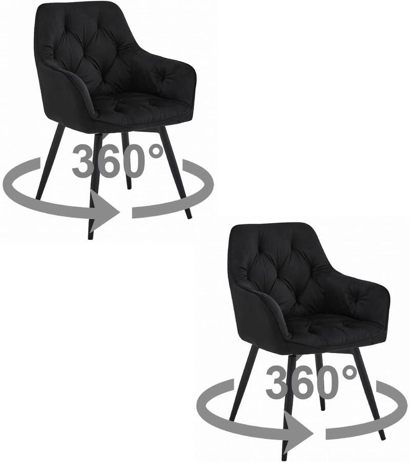 Set van 2 Stoel JORK 360 Zwart Velvet Zwarte Metaalpoten Luxe Eetkamerstoel Fauteuil Met Armleuning 360° Draaibaar Modern Design Elegant en Comfortabel voor Woonkamer Keuken of Eetkamer Max. 110 kg