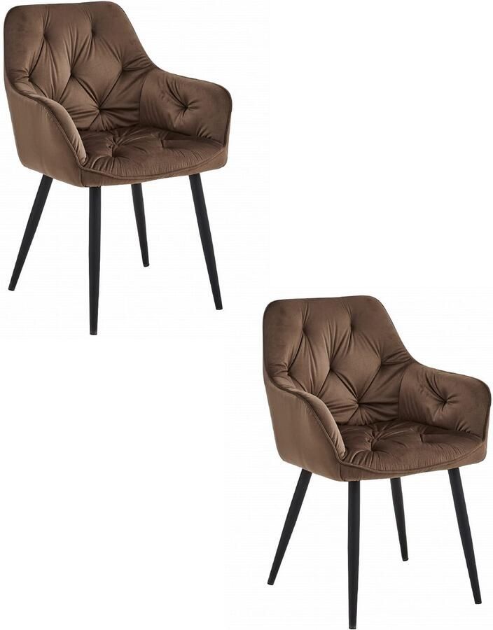 Set van 2 Stoel JORK Bruin Velvet Zwarte Metaalpoten Luxe Eetkamerstoel Fauteuil Met Armleuning Modern Design Elegant en Comfortabel voor Woonkamer Keuken of Eetkamer Max. 110 kg