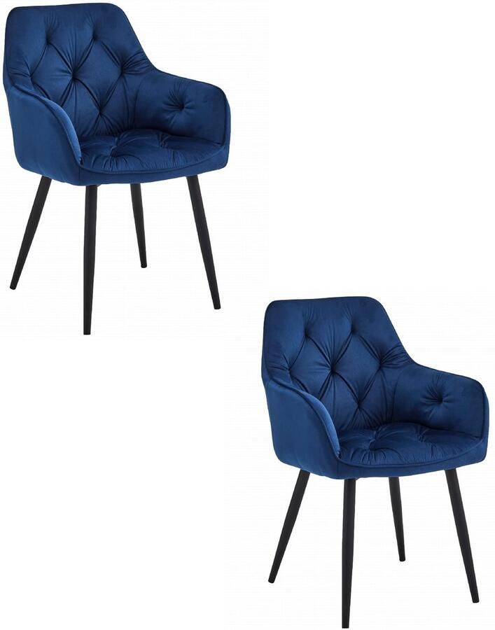 Set van 2 Stoel JORK Donkerblauw Velvet Zwarte Metaalpoten Luxe Eetkamerstoel Fauteuil Met Armleuning Modern Design Elegant en Comfortabel voor Woonkamer Keuken of Eetkamer Max. 110 kg