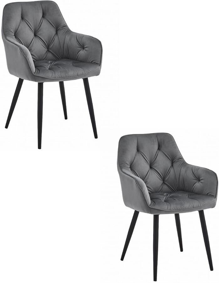 Set van 2 Stoel JORK Donkergrijs Velvet Zwarte Metaalpoten Luxe Eetkamerstoel Fauteuil Met Armleuning Modern Design Elegant en Comfortabel voor Woonkamer Keuken of Eetkamer Max. 110 kg