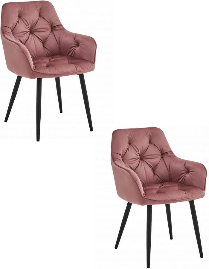 Set van 2 Stoel JORK Donkerroze Velvet Zwarte Metaalpoten Luxe Eetkamerstoel Fauteuil Met Armleuning Modern Design Elegant en Comfortabel voor Woonkamer Keuken of Eetkamer Max. 110 kg