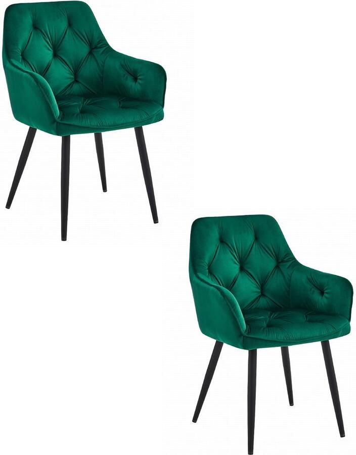 Set van 2 Stoel JORK Groen Velvet Zwarte Metaalpoten Luxe Eetkamerstoel Fauteuil Met Armleuning Modern Design Elegant en Comfortabel voor Woonkamer Keuken of Eetkamer Max. 110 kg
