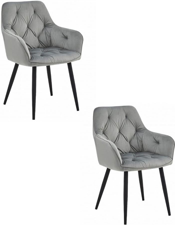 Set van 2 Stoel JORK Zilvergrijs Velvet Zwarte Metaalpoten Luxe Eetkamerstoel Fauteuil Met Armleuning Modern Design Elegant en Comfortabel voor Woonkamer Keuken of Eetkamer Max. 110 kg