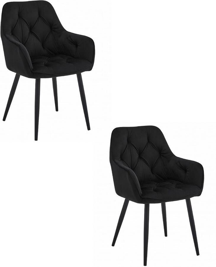 Set van 2 Stoel JORK Zwart Velvet Zwarte Metaalpoten Luxe Eetkamerstoel Fauteuil Met Armleuning Modern Design Elegant en Comfortabel voor Woonkamer Keuken of Eetkamer Max. 110 kg