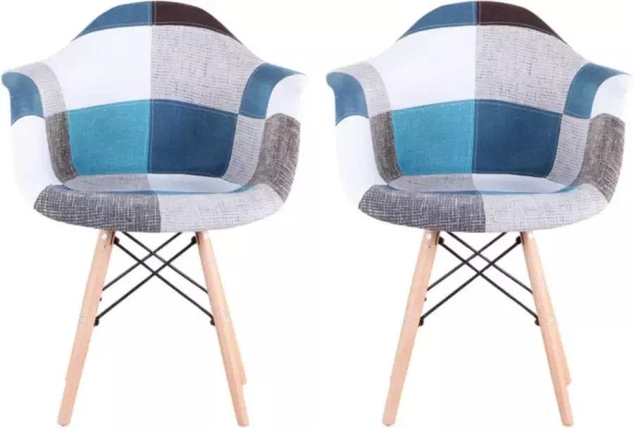 Loft Home Set van 2 Stoelen Eetkamerstoel Eetkamerstoelen Houten poten 2 stoelen Voor keuken of huiskamer Moderne look Leuk Printje Vrolijke Stoel Blauw