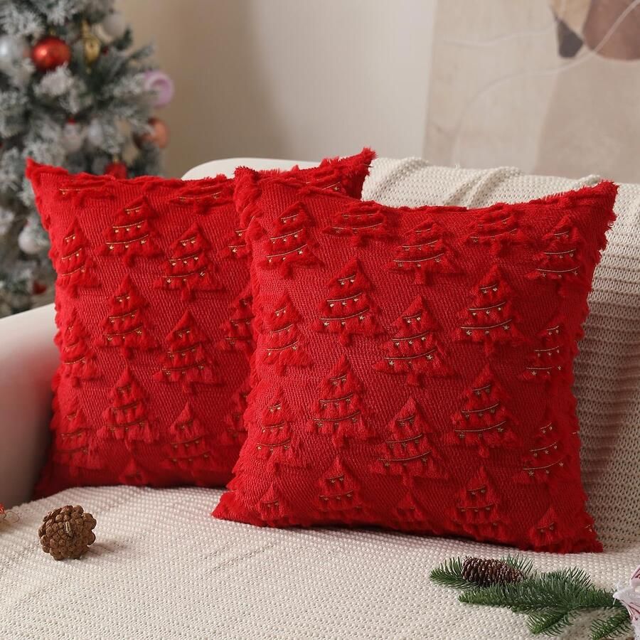 Set van 2 stuks Kussenslopen Kerstkussenslopen 18x18 inch Zacht pluche Kerstdecoratie Rode kerstboom Gele lampjes Decoratieve kussenslopen Winter Vakantie Bank Woonkamer Rood