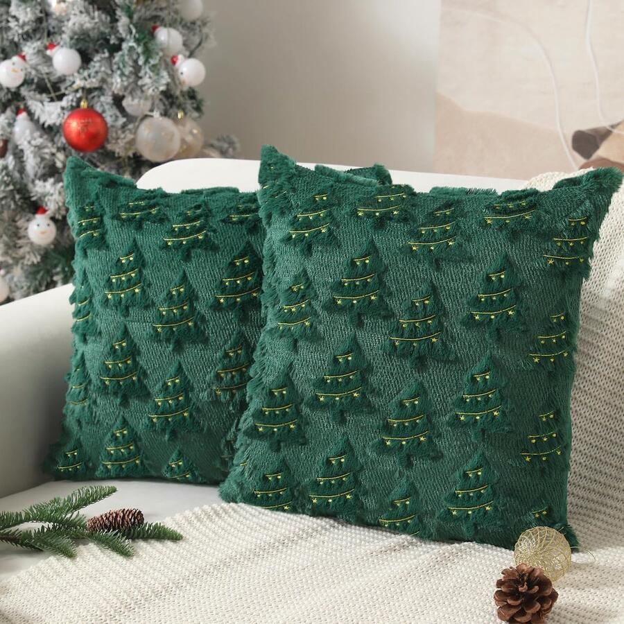 Set van 2 stuks Kussenslopen Kerstkussenslopen 18x18 inch Zacht pluche Kerstdecoratie Rode kerstboom Gele lampjes Decoratieve kussenslopen Winter Vakantie Bank Woonkamer Groente