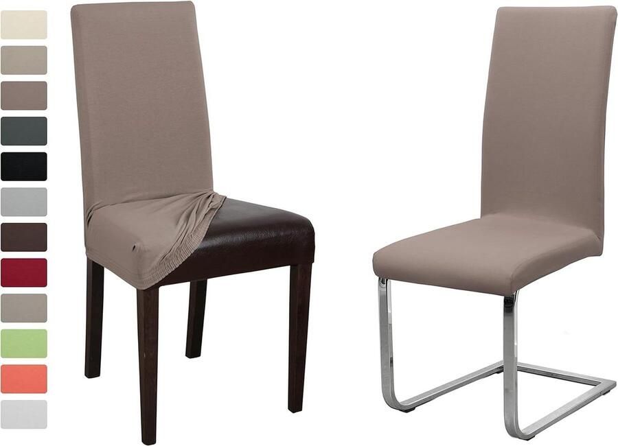 Set van 2 Taupe bruine jersey stoelhoezen elastische uni stretch hoes van katoen bi-elastisch Stoelhoezen