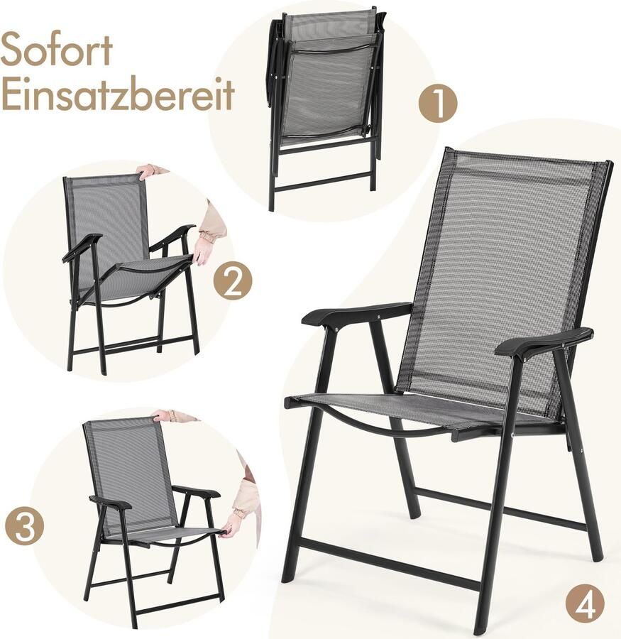 Set van 2 tuinstoelen hoge rugleuning klapstoelen terrasstoelen met rugleuning en armleuningen inklapbare outdoorstoelen eetkamerstoelen belastbaar tot 150 kg grijs