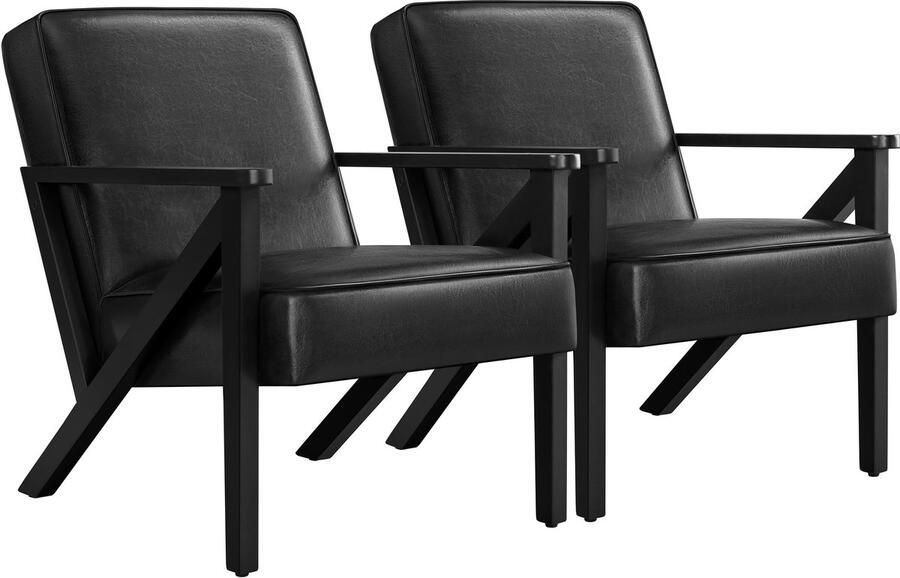 Set van 2 tv-fauteuils relaxstoel kunstleer loungestoel leunstoel gestoffeerde stoel enkele bank met massief houten poten voor balkon woonkamer slaapkamer ontvangstruimte zwart
