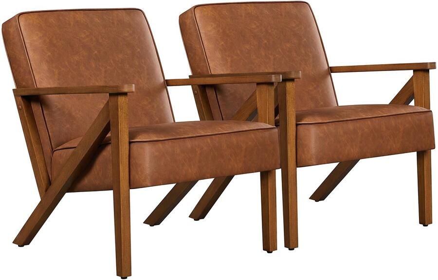 Set van 2 tv-stoelen vrije tijd relaxstoel kunstleer loungestoel leunstoel gestoffeerde stoel enkele bank met massief houten poten voor balkon woonkamer slaapkamer ontvangstruimte lichtbruin