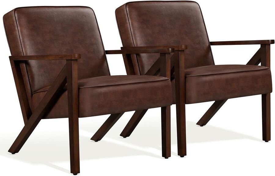 Set van 2 tv-stoelen vrije tijd relaxstoel kunstleer loungestoel leunstoel gestoffeerde stoel enkele bank met massief houten poten voor balkon woonkamer slaapkamer ontvangstruimte donkerbruin