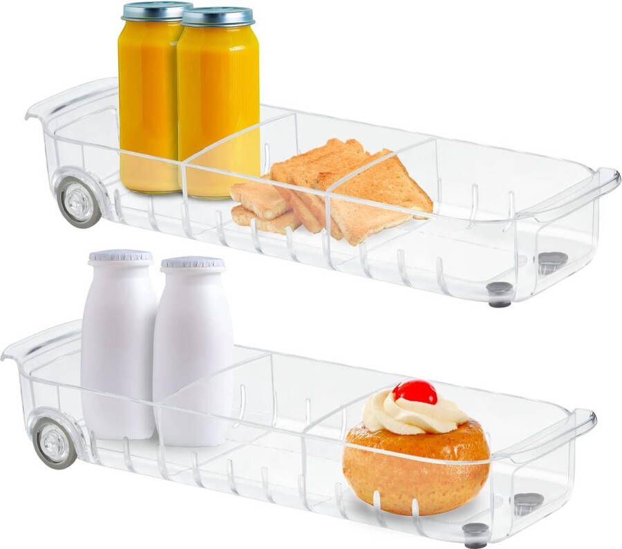 Set van 2 uitrolbare koelkast caddy met verwijderbare verdelers doorzichtige plastic opslagcontainer met wielen voedselopslag organizercontainer