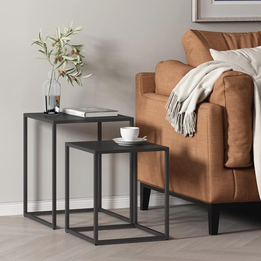 Set van 2 Vierkante Bijzettafels in Mat Zwart voor Woonkamer en Slaapkamer