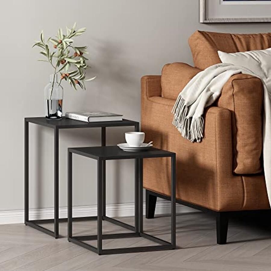 Set van 2 vierkante bijzettafels voor woonkamer en slaapkamer Zwart mat