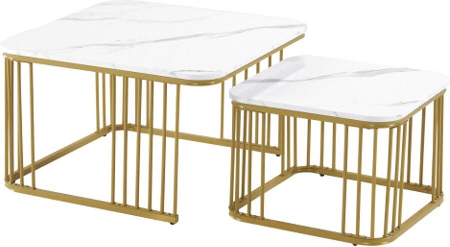 GOTAGEE Set van 2 vierkante hoogglans marmerlook salontafels bijzettafels met gouden poten 70x70x45cm en 50x50x36 5cm